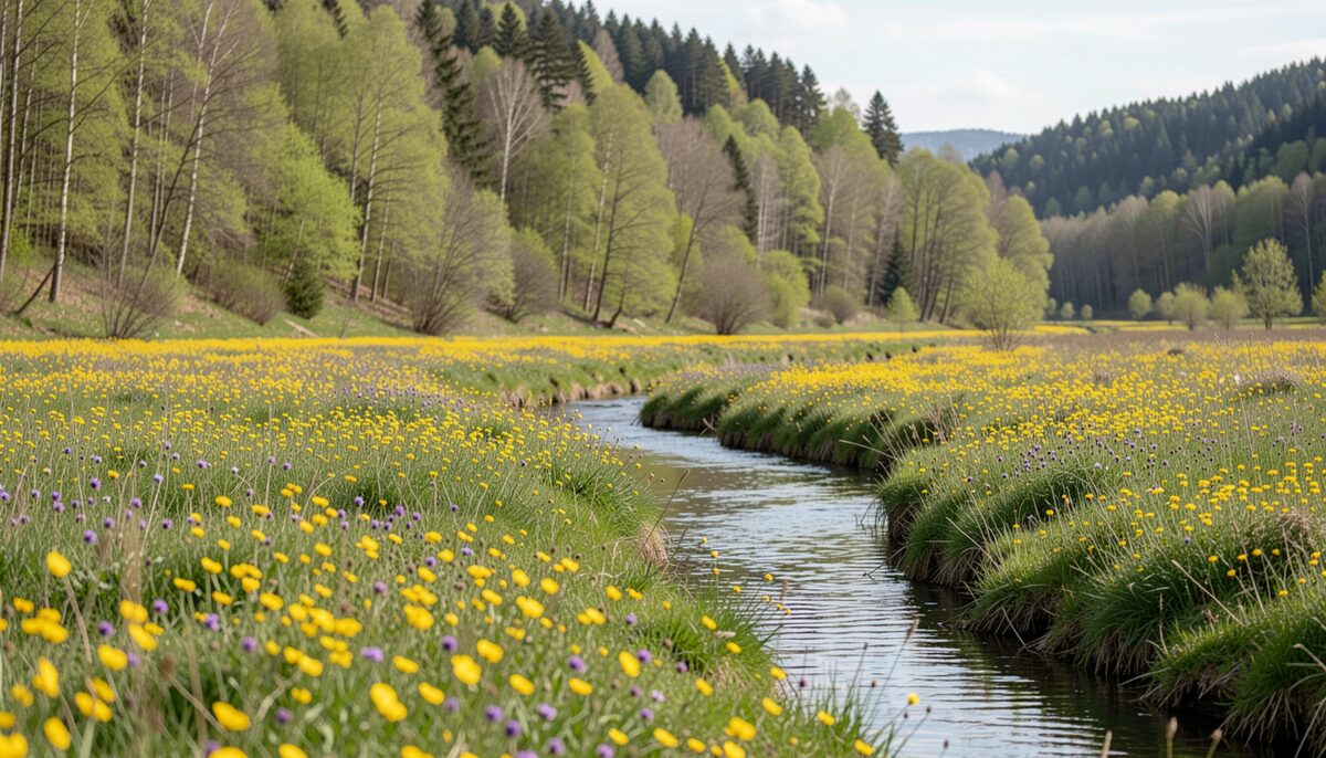Prairie fleurie avec ruisseau et versant boisé cévenol, sans texte ni panneau