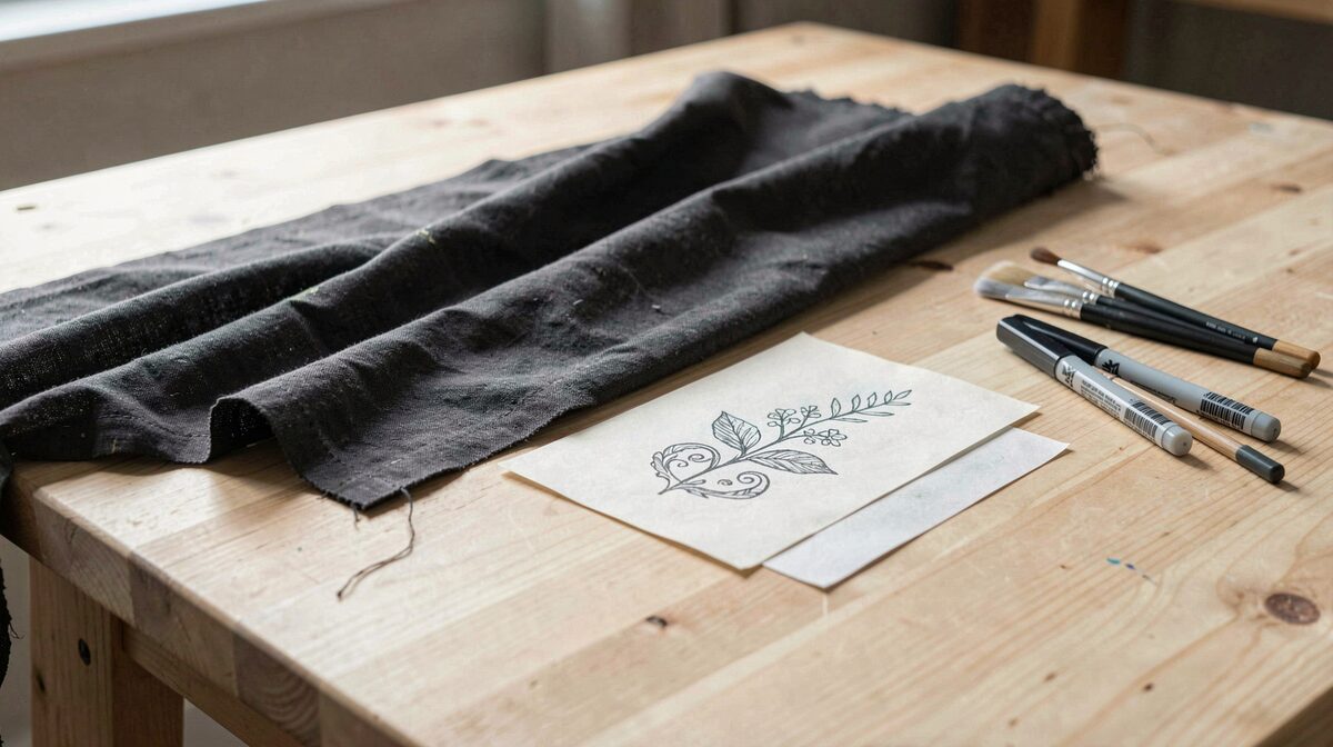 Une table de travail en bois clair éclairée par une lumière latérale, avec un tissu sombre tendu, des pinceaux, un feutre textile et un motif à transférer, cadrage rapproché à plat.