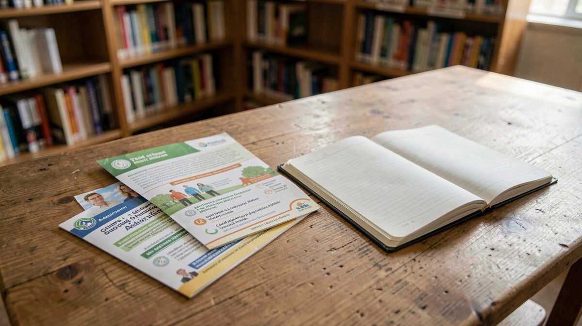 Sur une table en bois d'une bibliothèque associative, des brochures d'information santé et un carnet ouvert, lumière douce du matin, cadrage rapproché en plongée légère.