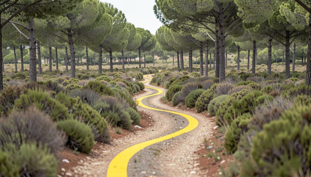 Sentier boisé serpentant entre garrigue et pins vers une entrée naturelle de grotte, sans texte