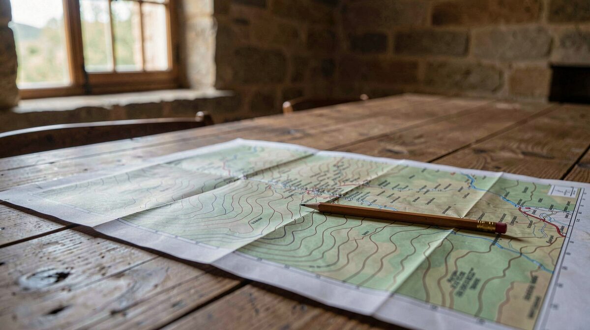 Une carte topographique dépliée sur une table en bois, près d'une fenêtre de mas cévenol, lumière du matin traversante, cadrage rapproché sur les courbes de niveau et un crayon posé dessus.